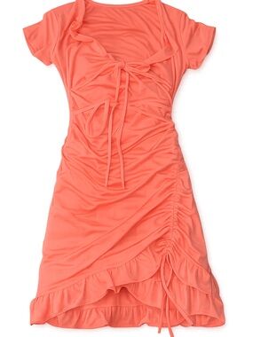 SHEIN Neon Coral Ruched Tie-Front Short Sleeve Dress